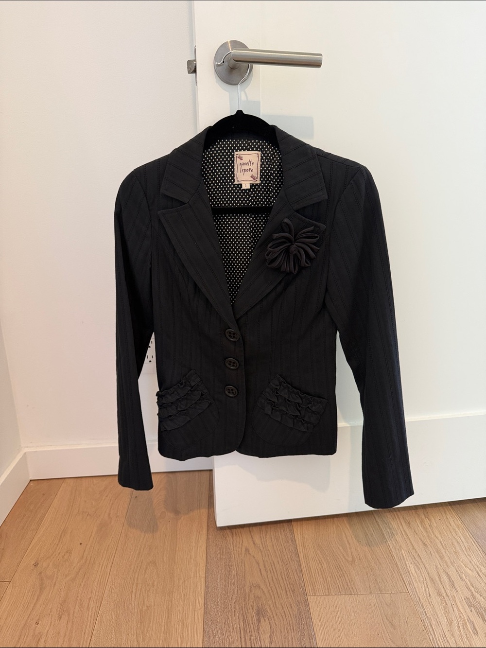 Nanette Lepore Charcoal Pinstripe Blazer with Fabric Flower Accent